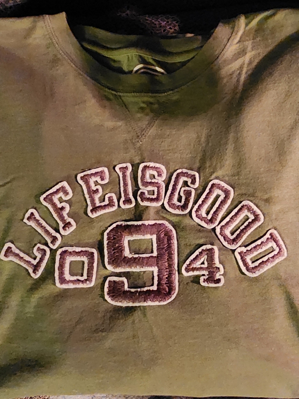 Life Is Good Olive Green Long Sleeve Crew with Chenille '94 Graphic
